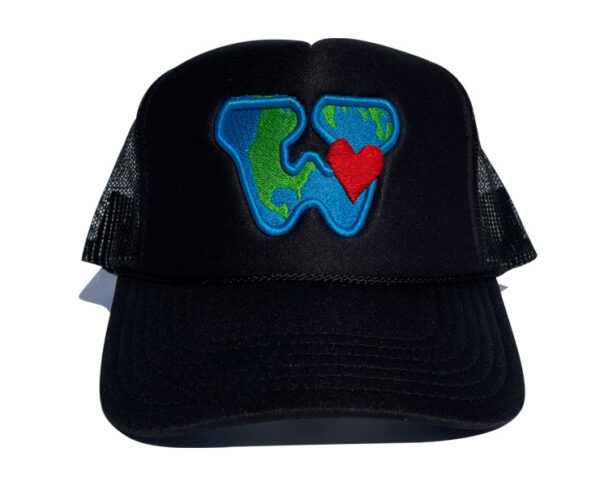 Black polyester foam We Are Put On Earth To Love trucker hat